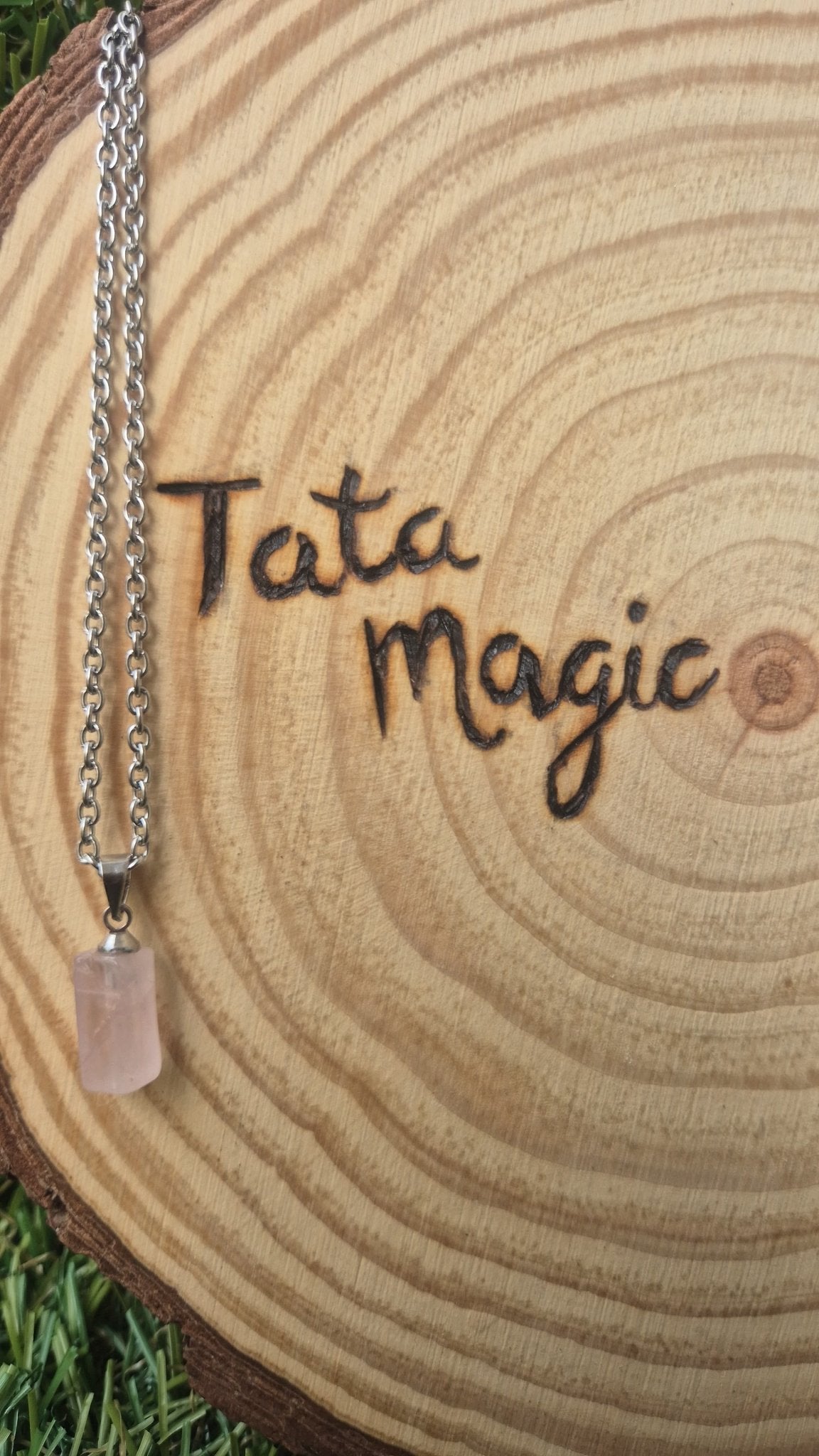 Colgante cuarzo rosa acero JoyeriamineralescolgantesTienda esotérica Málaga - La Tienda de Tata Magic: tienda Esotérica en Málaga