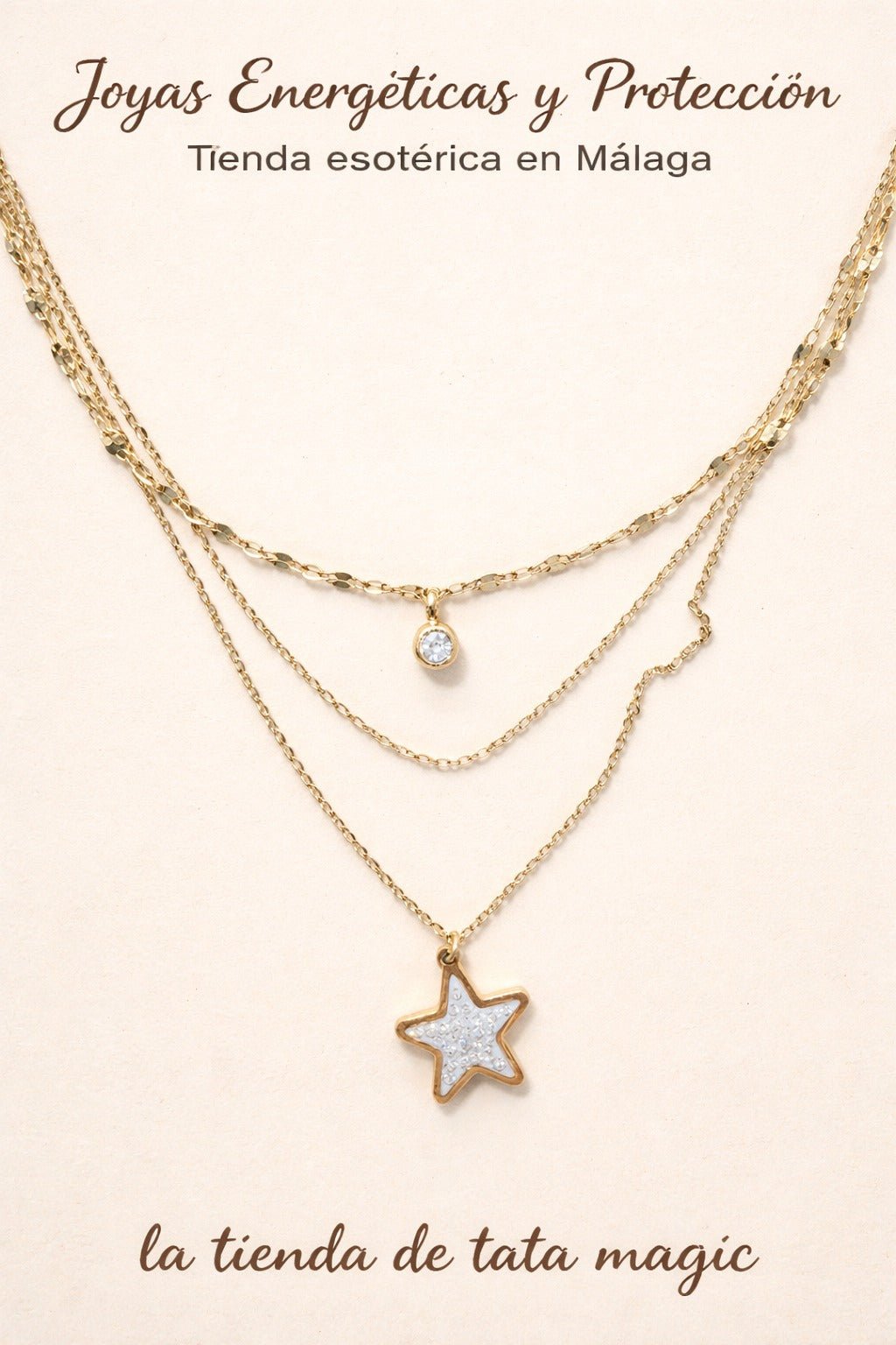 Conjunto 3 Collares Acero Dorado Estrella Circonita JoyeríaTienda esotérica Málaga - La Tienda de Tata Magic: tienda Esotérica en Málaga