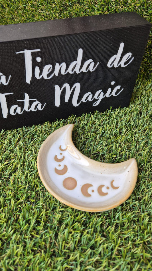 Plato Cerámica Luna Blanca con Fases lunares - Decoración Mística y Altar