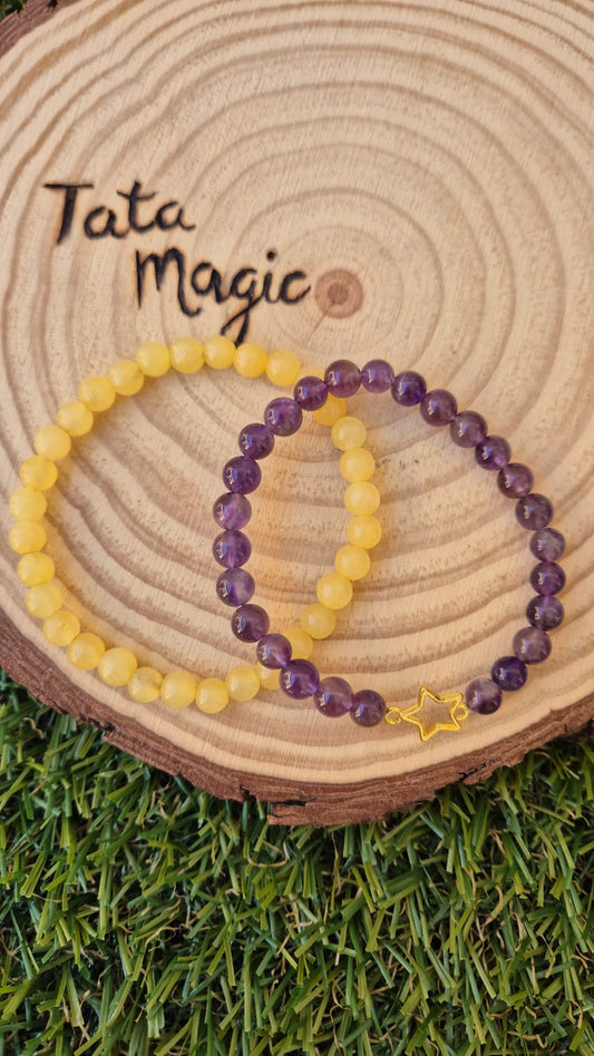 Pulseras Calcita y Amatista 6 mm - Twing Pack Alegría y Determinación