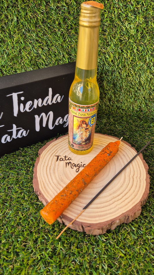 Pack Diosa Fortuna Agua de Ritual + Vela Herbórea de 7 Llaves - Ritual de Suerte, Abundancia y Prosperidad