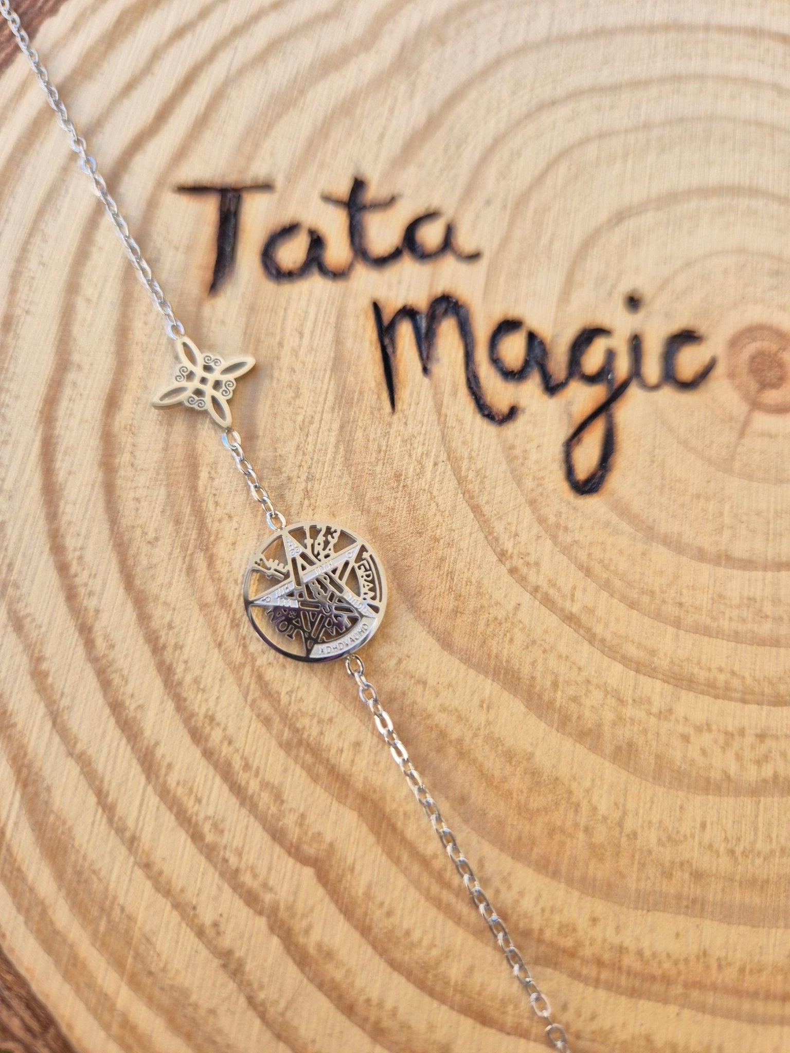Pulsera Doble Protección Nudo de Bruja con Tetragrammaton en Acero Consagrado Calado - Joyería Esotérica JoyeriamineralespulserasTienda esotérica Málaga - La Tienda de Tata Magic: tienda Esotérica en Málaga