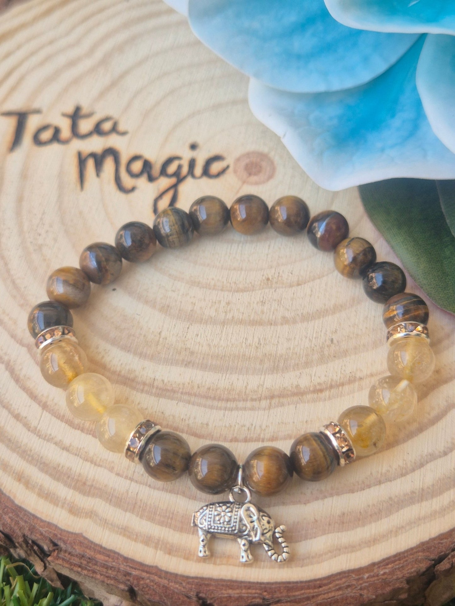 Pulsera de Ojo de Tigre con Cuarzo Rutilado y Elefante 8mm - Protección y Éxito Tienda esotérica Málaga - La Tienda de Tata Magic: tienda Esotérica en Málaga