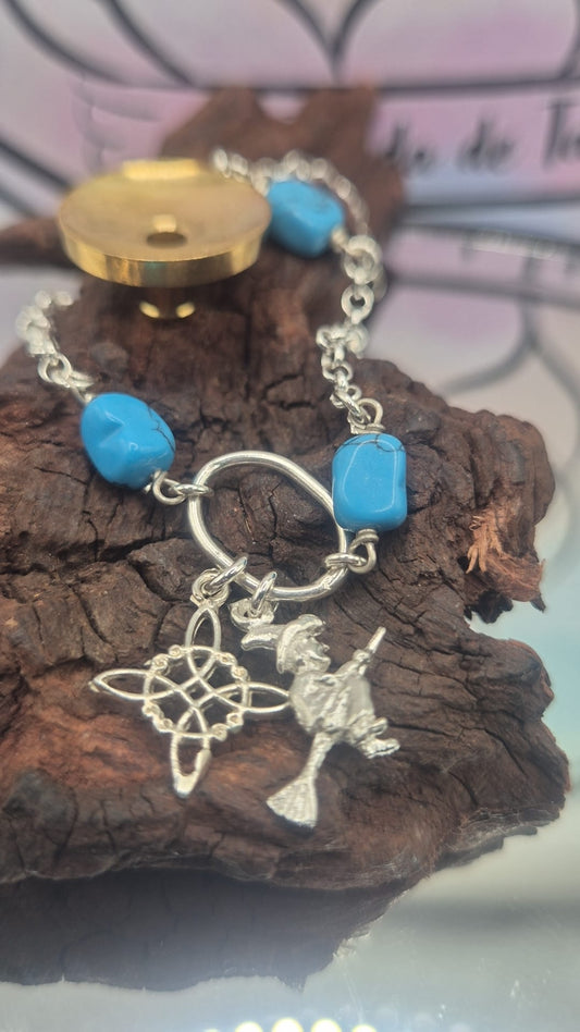 Pulsera Plata 925 Nudo Bruja Turquesas y Bruja