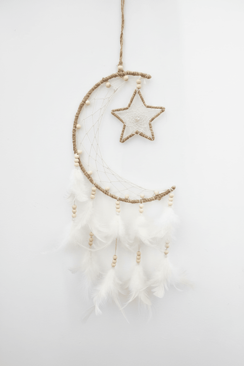 Atrapasueños Luna y Estrella — Plumas Blancas y Cuentas de Madera Decoración EspiritualTienda esotérica Málaga - La Tienda de Tata Magic: tienda Esotérica en Málaga