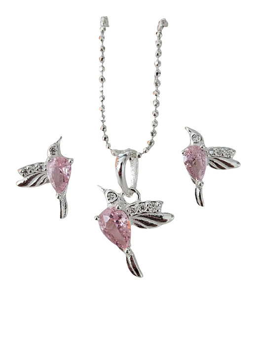 Conjunto Colibri Plata Con Cuarzo Rosa