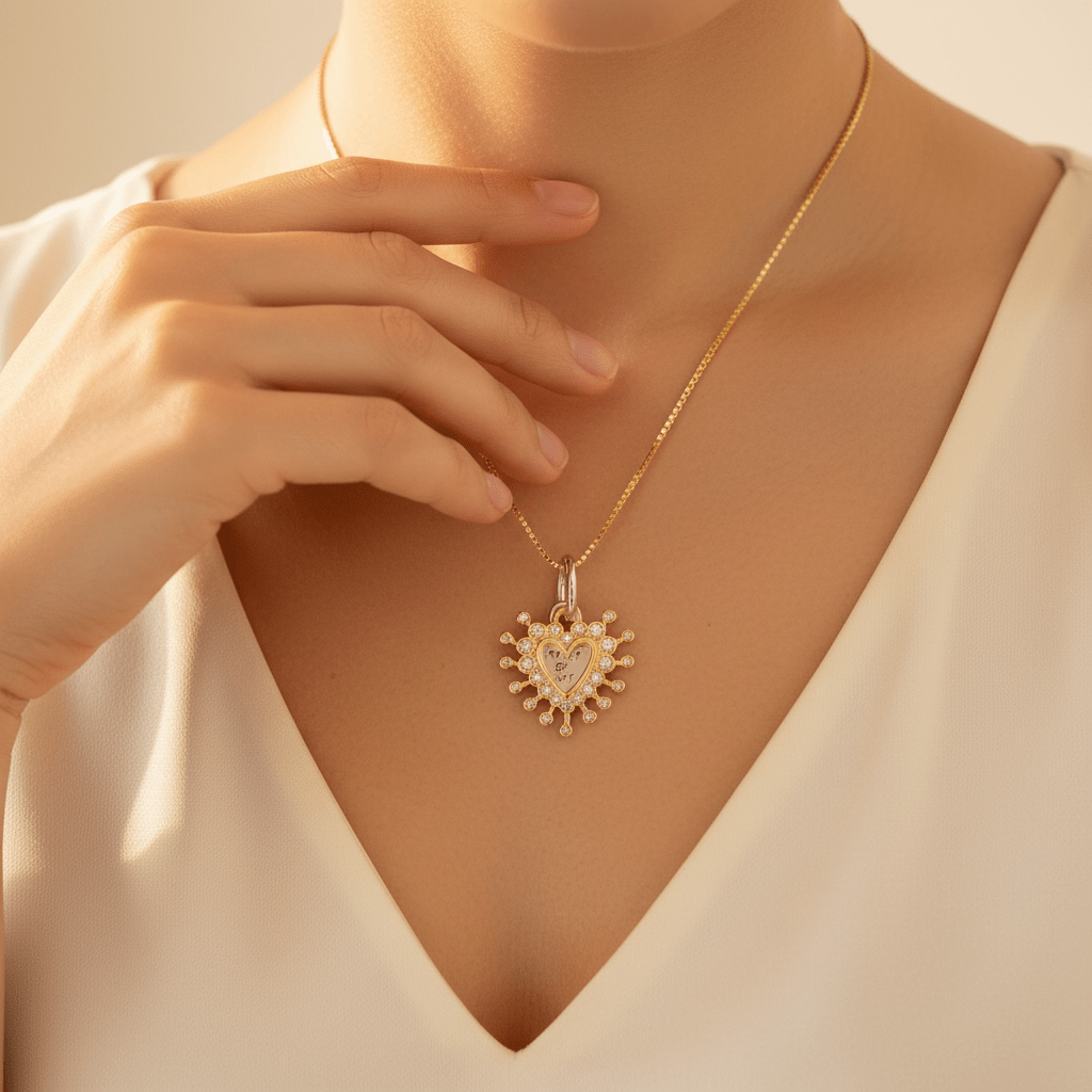 Colgante corazón dorado circonitas plata chapado luciendo sobre el pecho de una persona elegante.