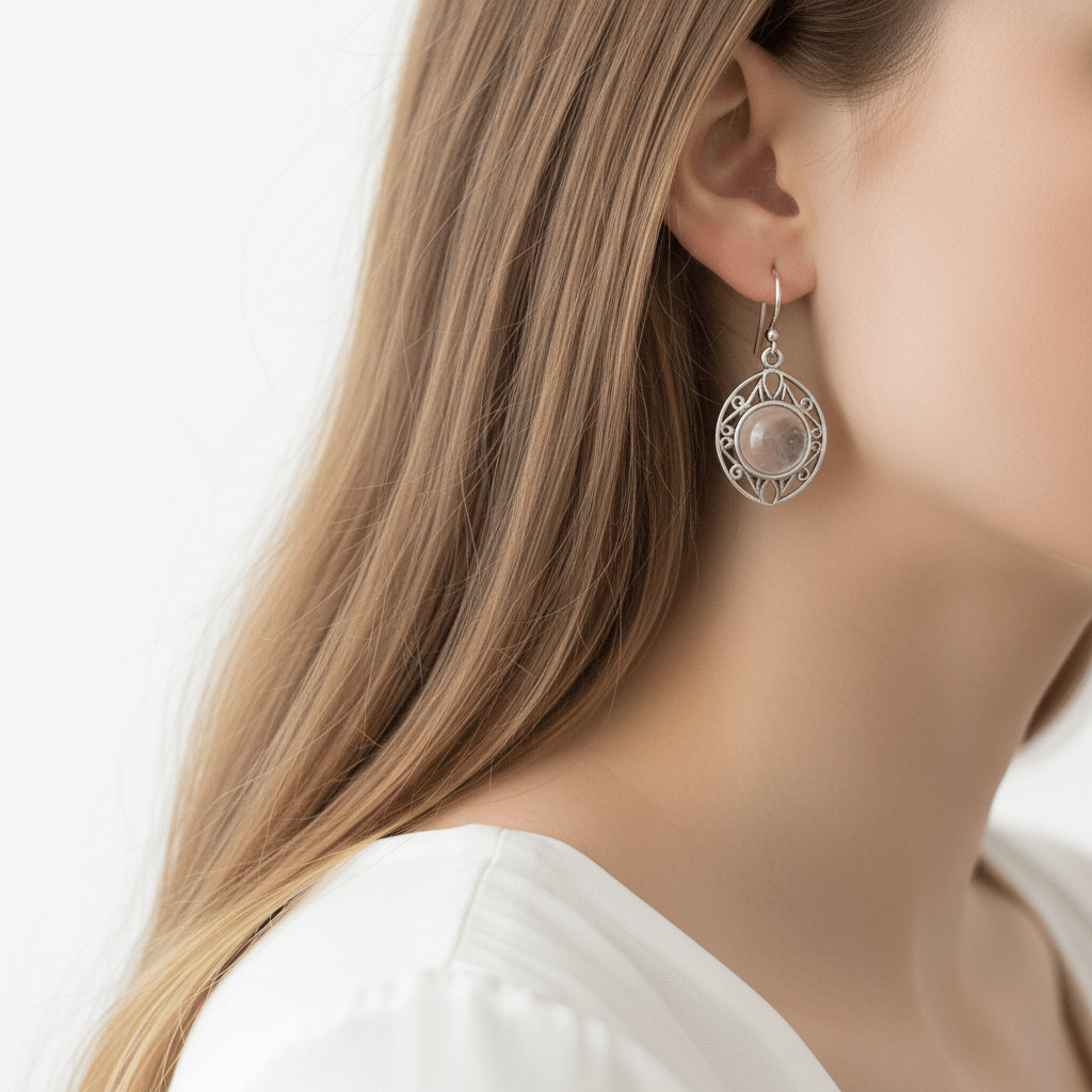 Pendientes cuarzo Rosa Plata ovalo Calado - Amor Propio y Sanación Joyería EspiritualTienda esotérica Málaga - La Tienda de Tata Magic: tienda Esotérica en Málaga