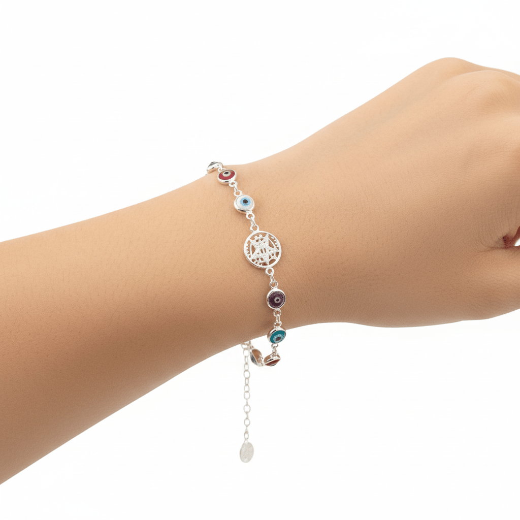 Pulsera Doble Protección Con Ojo Turco colores Plata Consagrada - Amuleto contra el Mal de Ojo Joyería / PulserasTienda esotérica Málaga - Tata Magic: tienda Esotérica en Málaga
