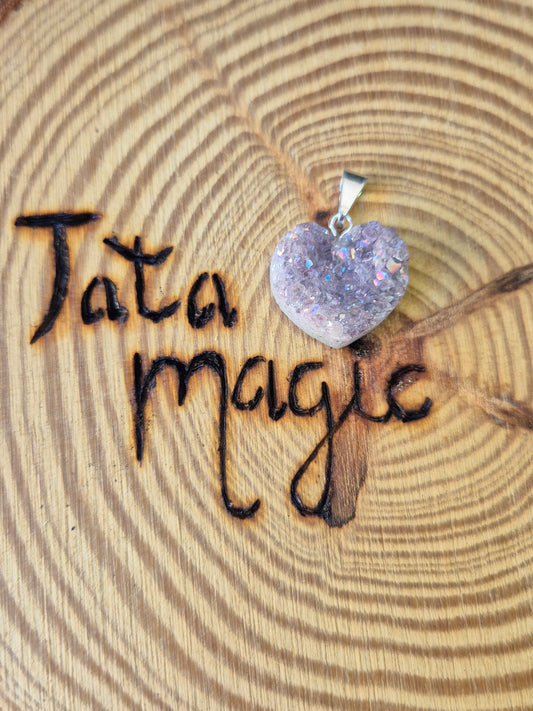 Colgante Corazón Drusa Aqua Aura en Baño de Plata (Aleatorio) - Amor Y Protección de Alta Vibración