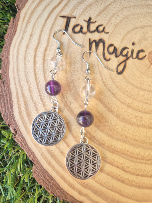 Pendientes de Amatista con Cristal de Roca con Flor de la Vida en Acero - Protección, Claridad y Armonía