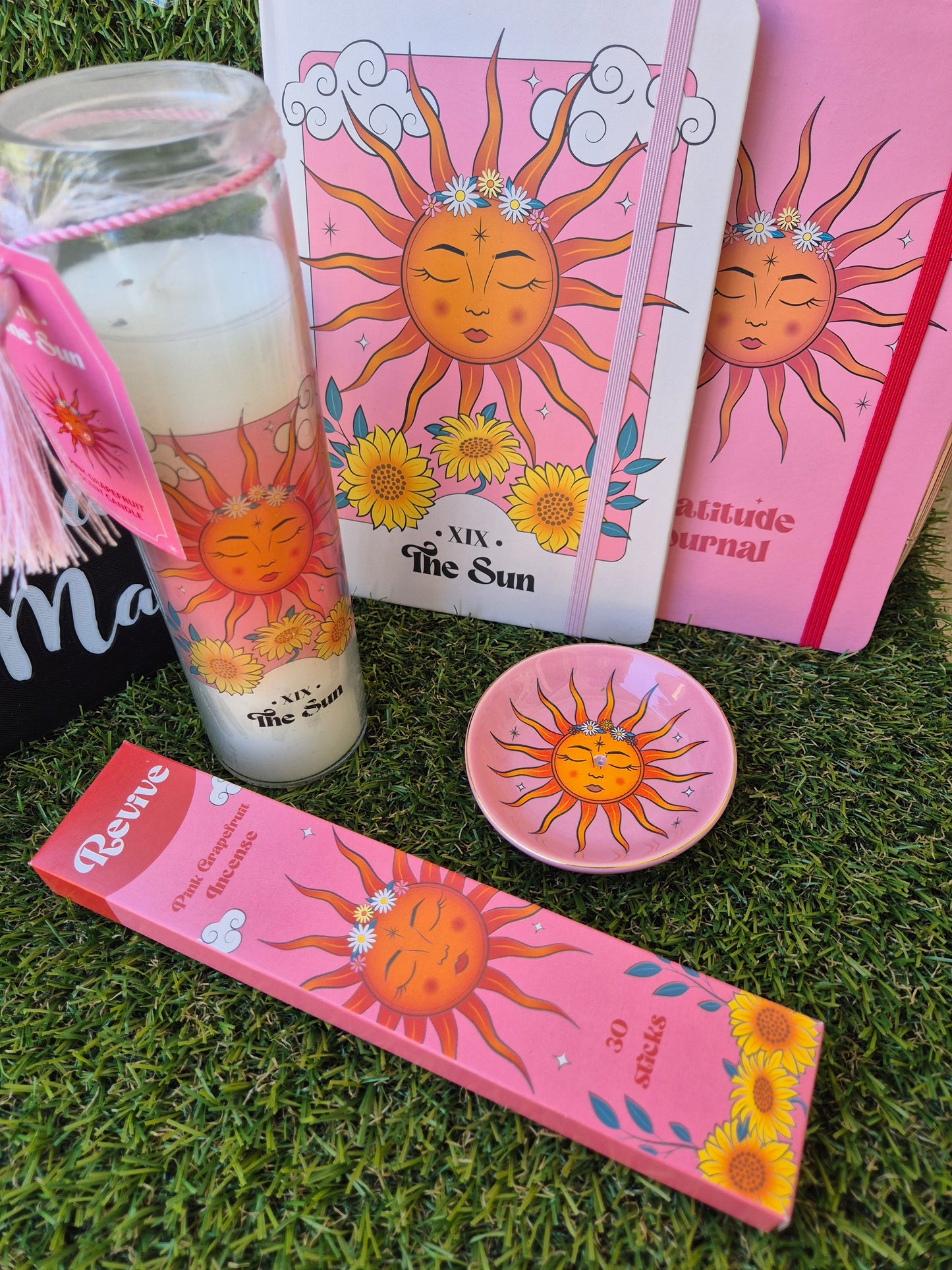 Pack Regalo Sol con Diario, Libreta ,Portaincienso, Incienso y Vela de Cristal - Luz y Energía Positiva