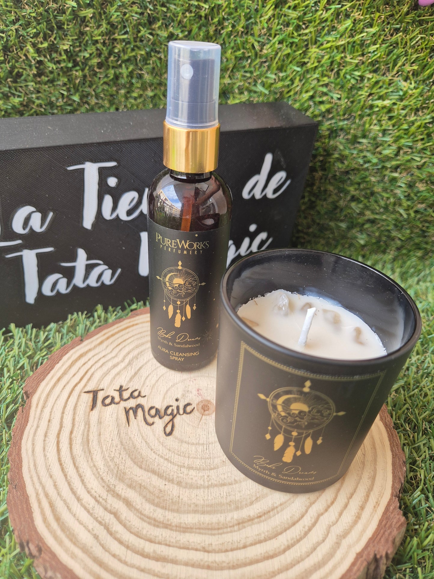 Pack Vela + Spray Pureworks Sueños Boho / Mirra y Sándalo - Relajación y Energía Positiva