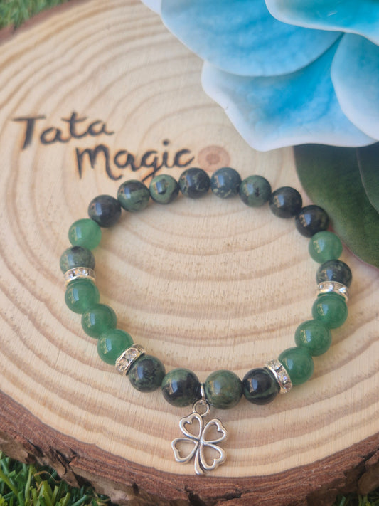 Pulsera de Jaspe Kambaba con Aventurina Verde y Trébol 8mm-Prosperidad y Equilibrio
