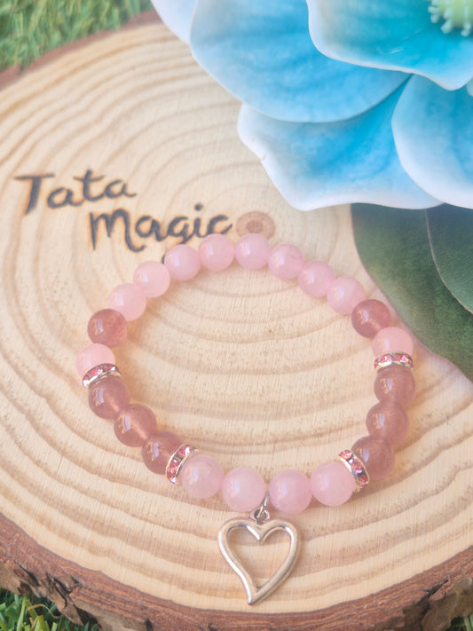 Pulsera de  Cuarzo Fresa con Cuarzo Rosa y Corazón 8mm-Amor y Armonía Emocional