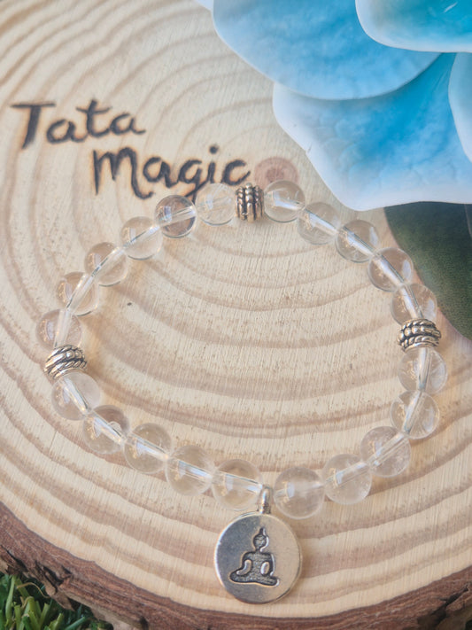 Pulsera de Cristal de Roca Con Budha 8mm-Claridad y Paz Interior