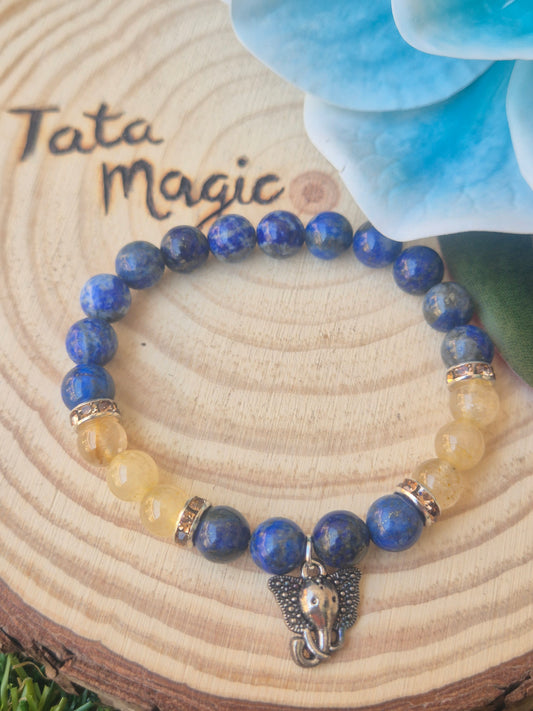 Pulsera de Lapislázuli y Cuarzo Rutilado con Ganesha 8mm-Sabiduría y Éxito