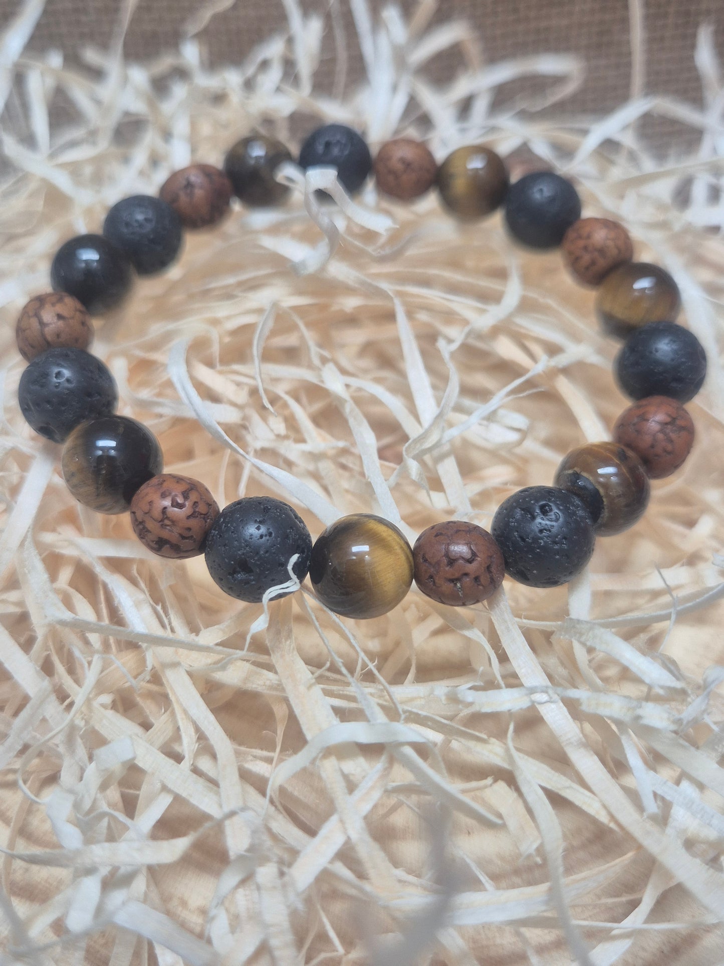 Pulsera Triple Protección Hombre-Rudraksha + Lava + Ojo de Tigre