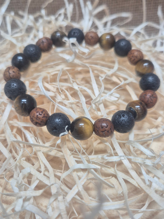 Pulsera Triple Protección Hombre-Rudraksha + Lava + Ojo de Tigre