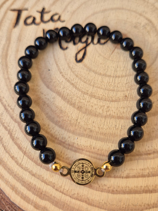 Pulsera San Benito con Obsidiana Negra Consagrado - Protección Total y Bloqueo de Energías Negativas en Acero Dorado