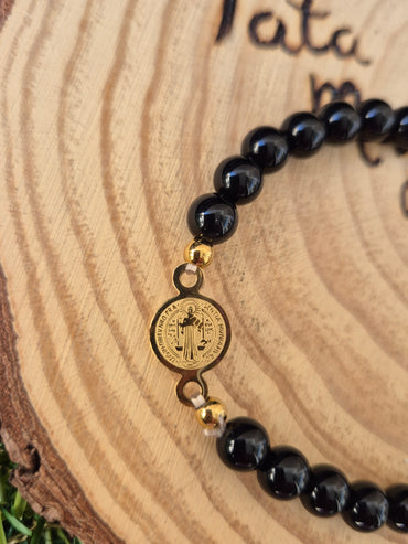 Pulsera San Benito con Obsidiana Negra Consagrado - Protección Total y Bloqueo de Energías Negativas en Acero Dorado