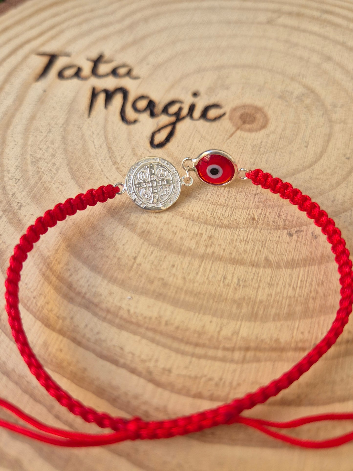 Pulsera Doble Protección Plata - San Benito Ojo Turco Consagrada para Protección y Energía Positiva