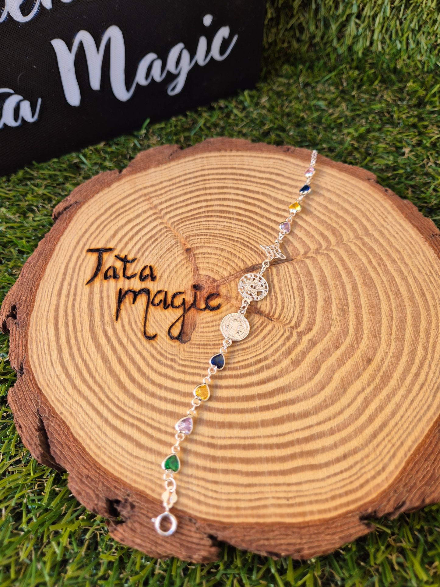 Pulsera Triple Protección con circonitas de colores de corazon en Plata