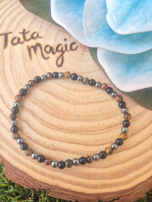 Pulsera Triple Protección 4mm - Ojo de Tigre, Obsidiana y Hematita