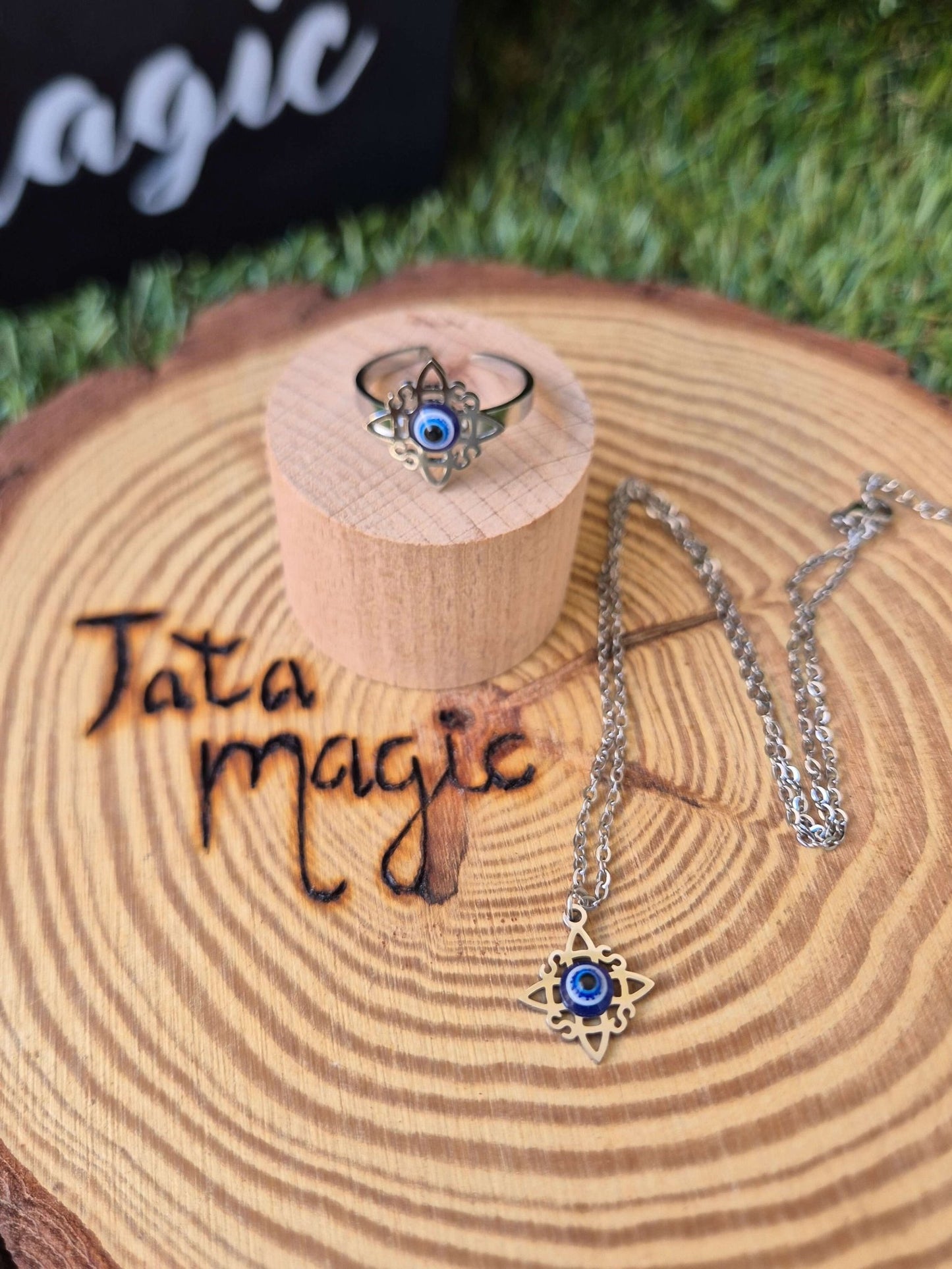 Conjunto nudo de bruja ojo turco Collar + anillo acero Tienda esotérica Málaga - La Tienda de Tata Magic: tienda Esotérica en Málaga