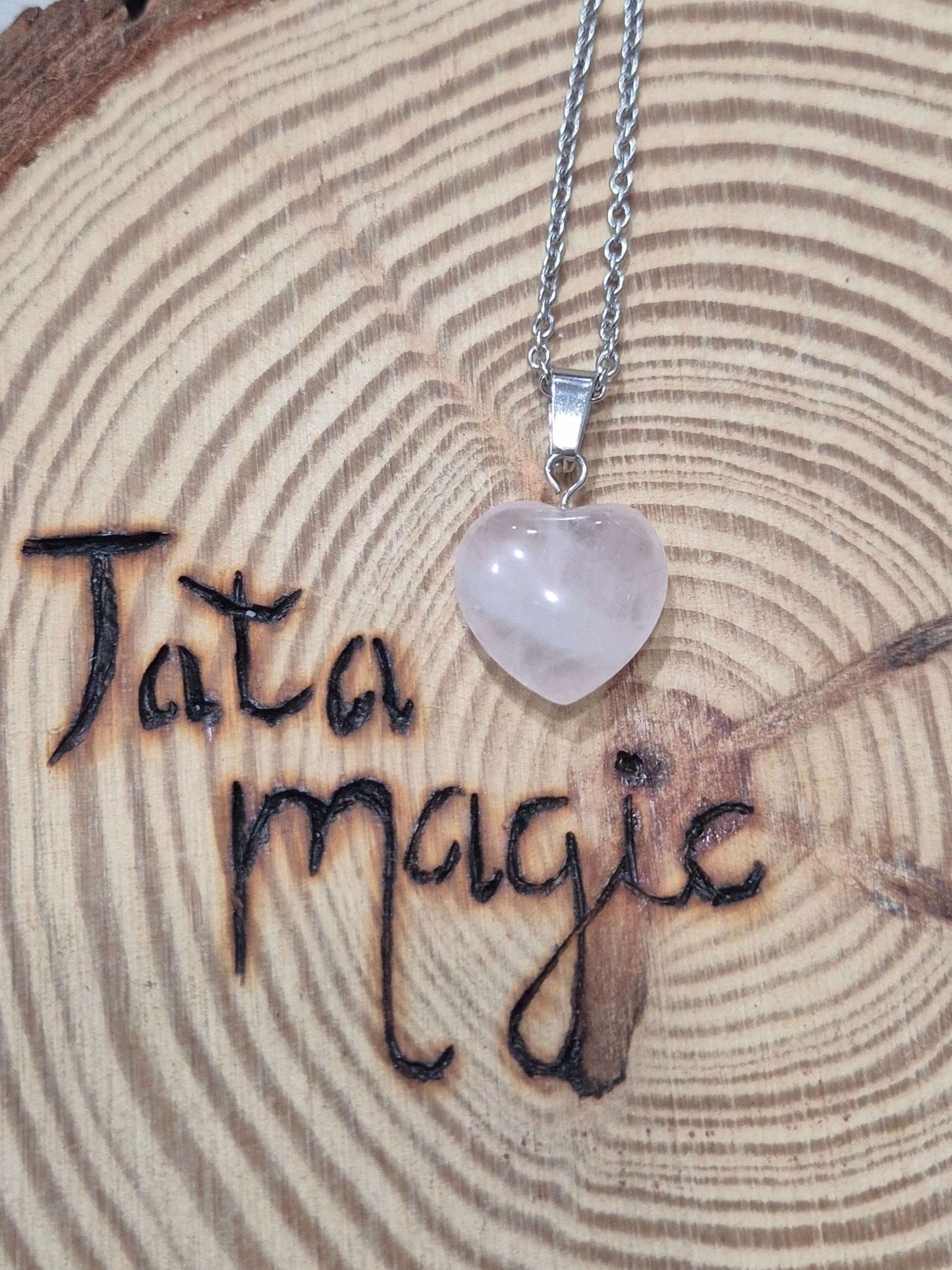 Colgante corazón cuarzo rosa acero JoyeriamineralescolgantesTienda esotérica Málaga - La Tienda de Tata Magic: tienda Esotérica en Málaga