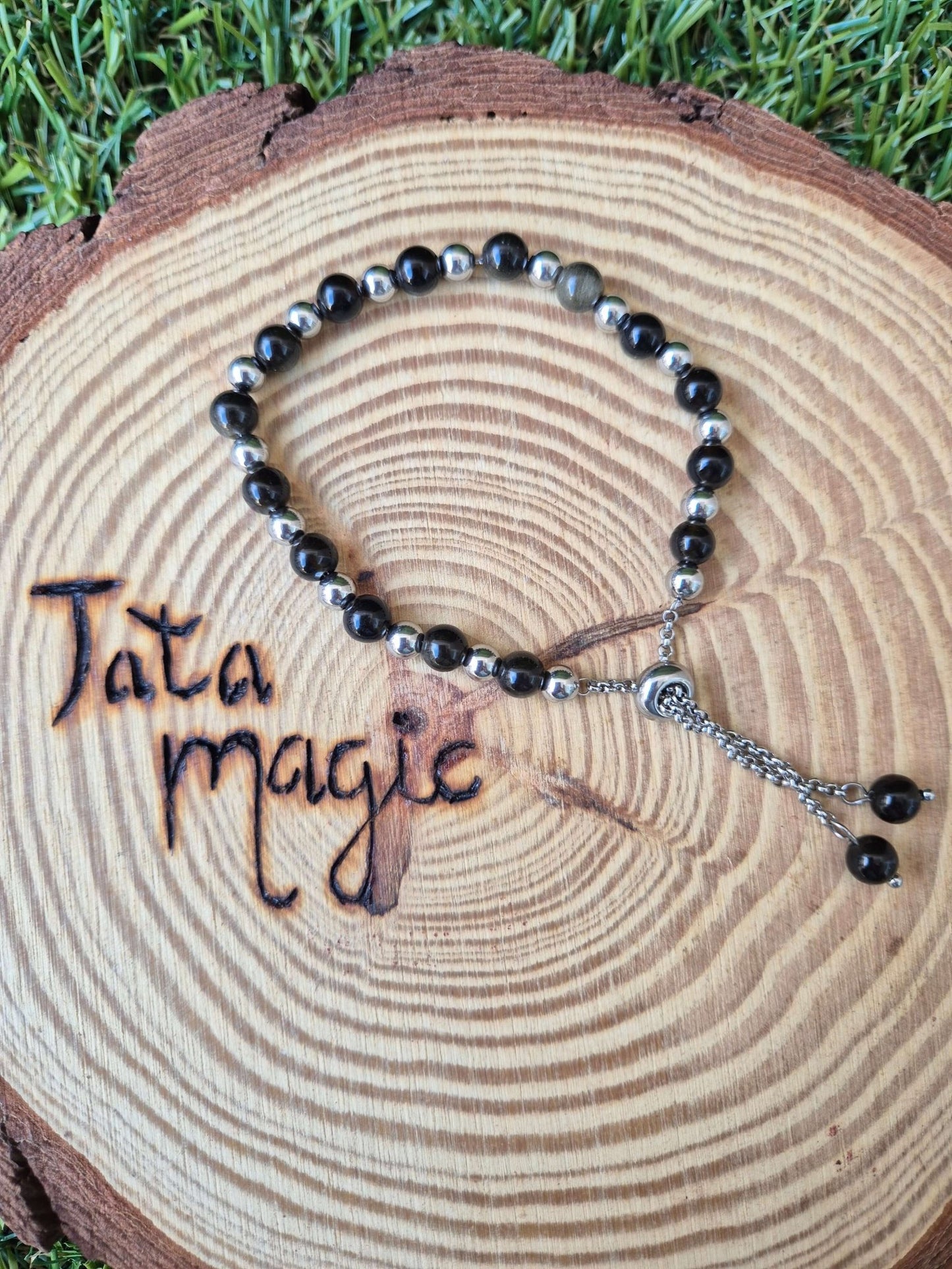 Pulsera obsidiana y acero 6 mm JoyeriamineralespulserasTienda esotérica Málaga - La Tienda de Tata Magic: tienda Esotérica en Málaga