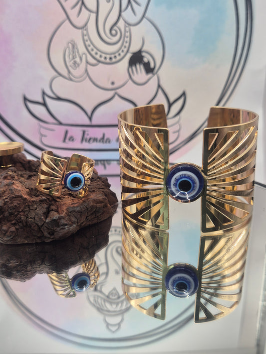 Brazalete Acero + Anillo Dorado Ojo Turco