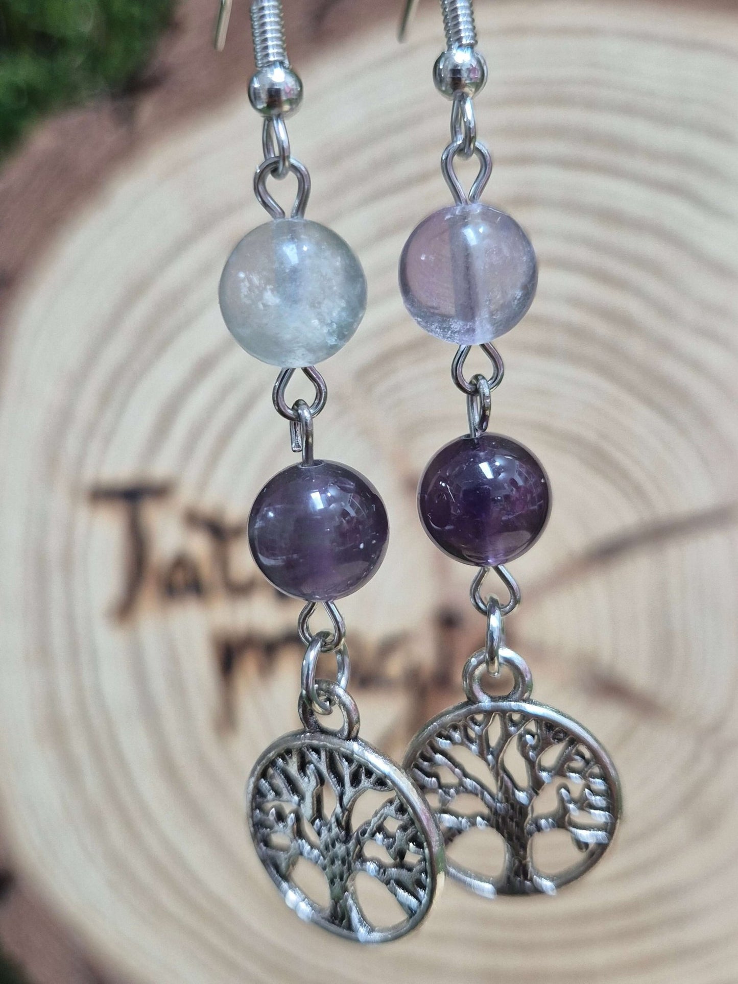 Pendientes fluorita amatista árbol de la vida 8mm JoyeriamineralespendientesTienda esotérica Málaga - La Tienda de Tata Magic: tienda Esotérica en Málaga