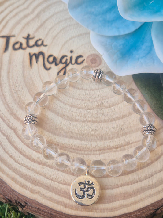 Pulsera de Cuarzo Cristal Roca con OM 8mm-Claridad y Conexión Espiritual