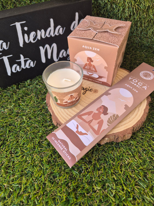 Pack Vela Soja + Incienso de Regalo Aqua Zen - Equilibrio y Armonía Song Of India