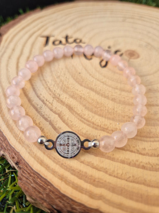 Pulsera San Benito con Cuarzo Rosa Consagrado - Protección y Amor Divino en Acero Inoxidable