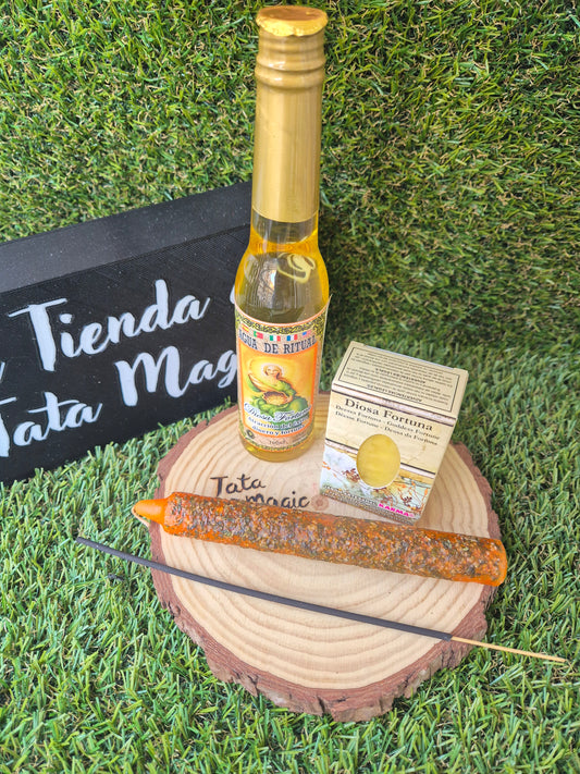 Pack Diosa Fortuna Agua de Ritual + Vela Herbórea de 7 Llaves + Jabón Karma - Ritual de Suerte, Abundancia y Prosperidad