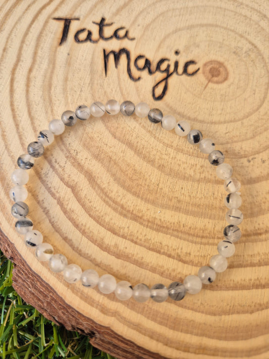 Pulsera de Cuarzo Turmalinado 4mm -Protección, Limpieza Energética y Equilibrio Interior