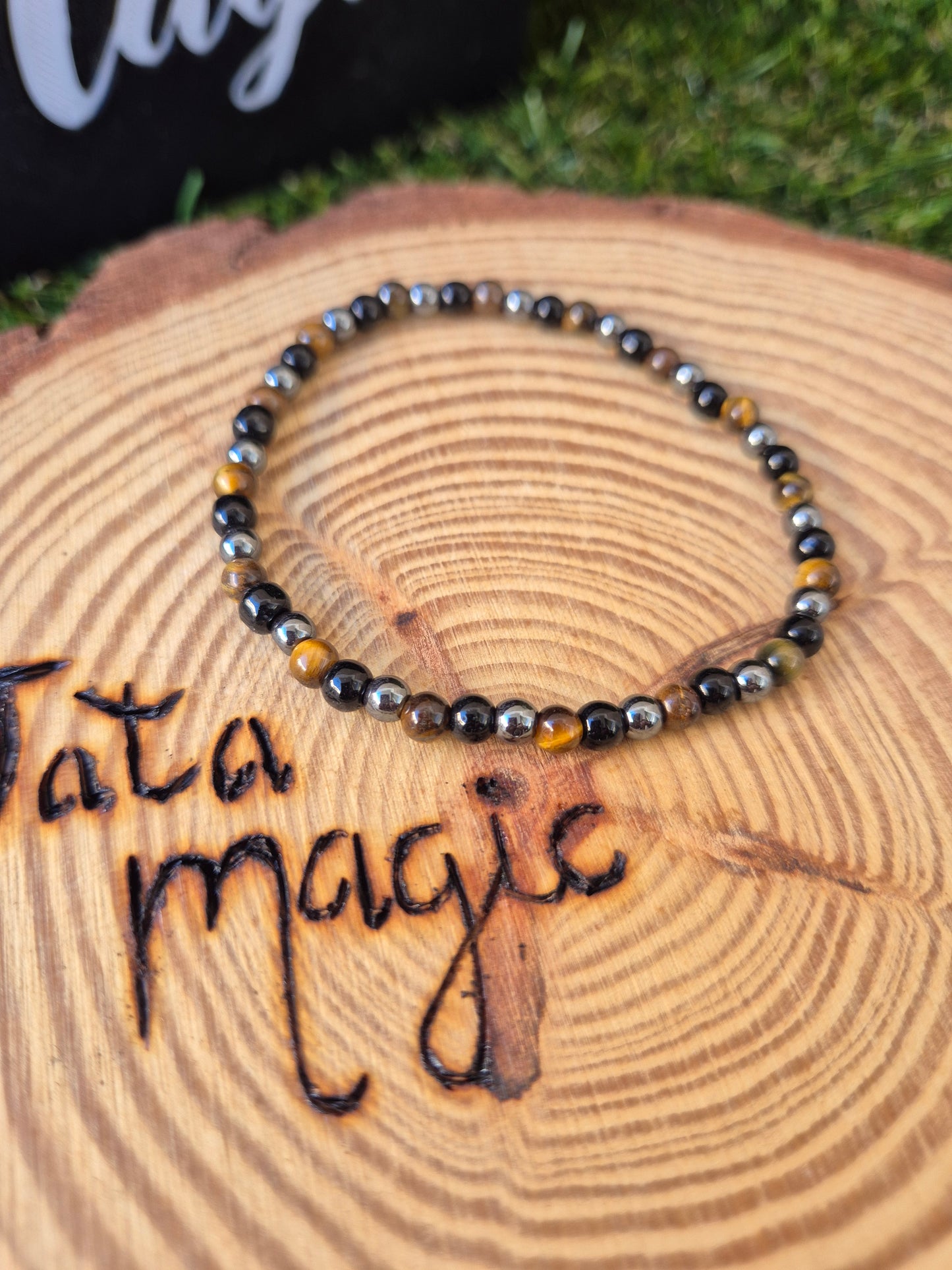 Pulsera Triple Protección 4mm - Ojo de Tigre, Obsidiana y Hematita