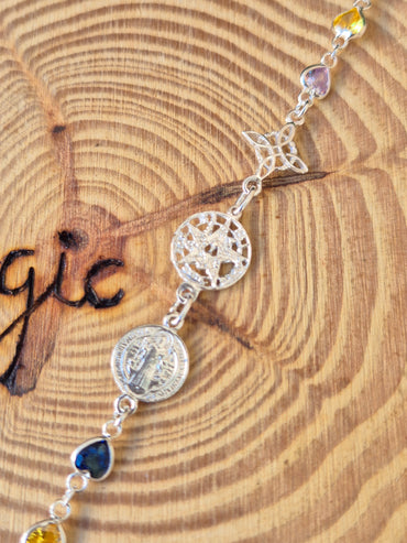 Pulsera Triple Protección con circonitas de colores de corazon en Plata