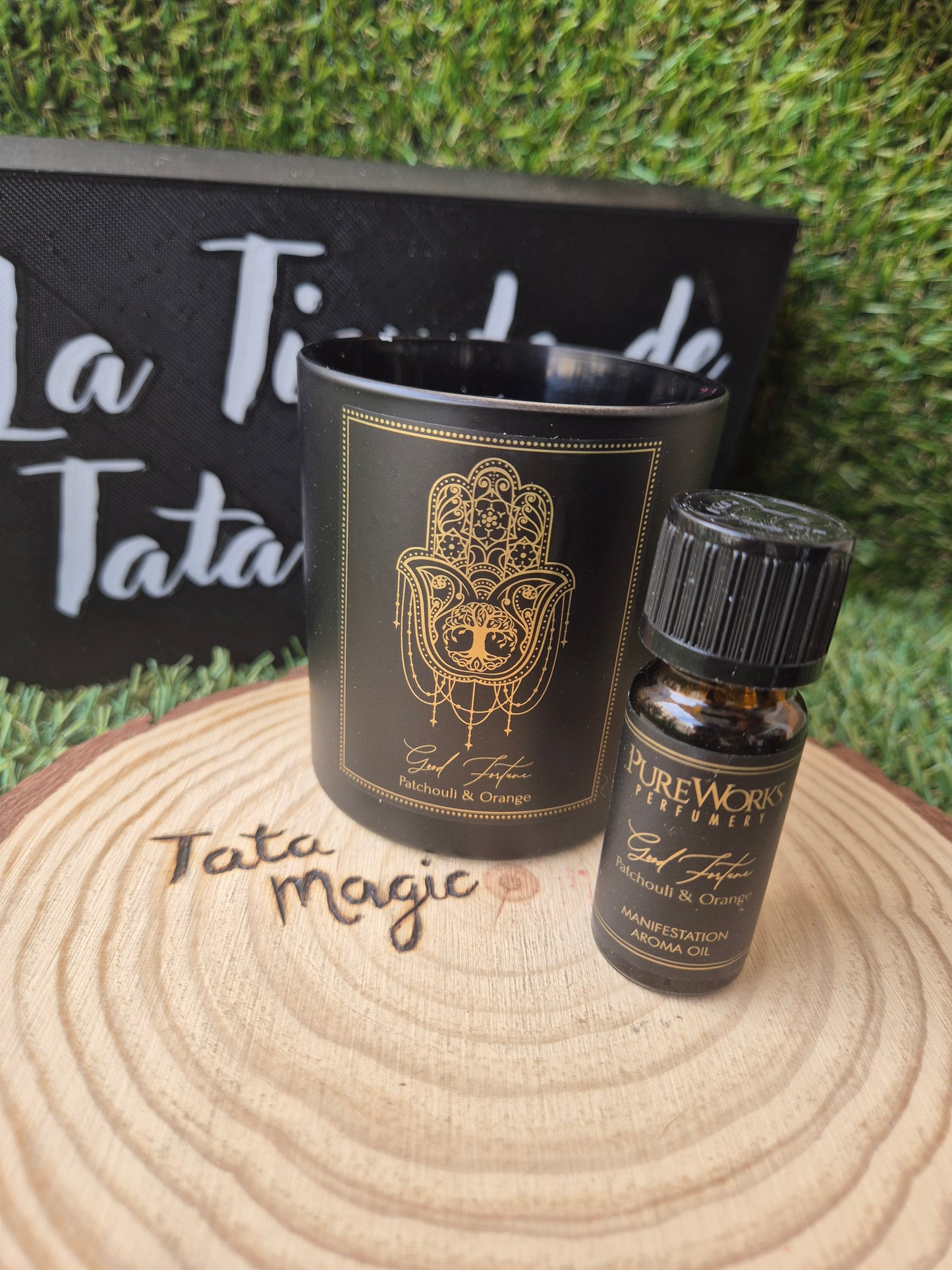 Pack Vela + Aceite Pureworks Buena Fortuna / Pachuli y Naranja - Energía, Prosperidad y Éxito