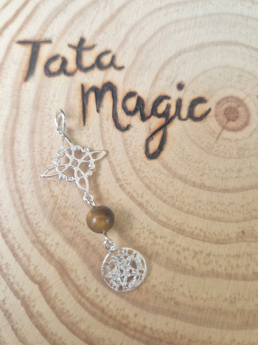 Colgante de Plata de Doble Protección de Nudo de Bruja con Tetragrammaton y Ojo de Tigre  ( sin cadena) consagrado