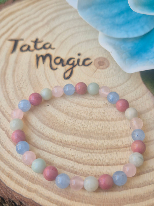 Pulsera de Aguamarina,  Cuarzo Rosa, Amazonita y Tulipe 6mm-Armonía y Amor