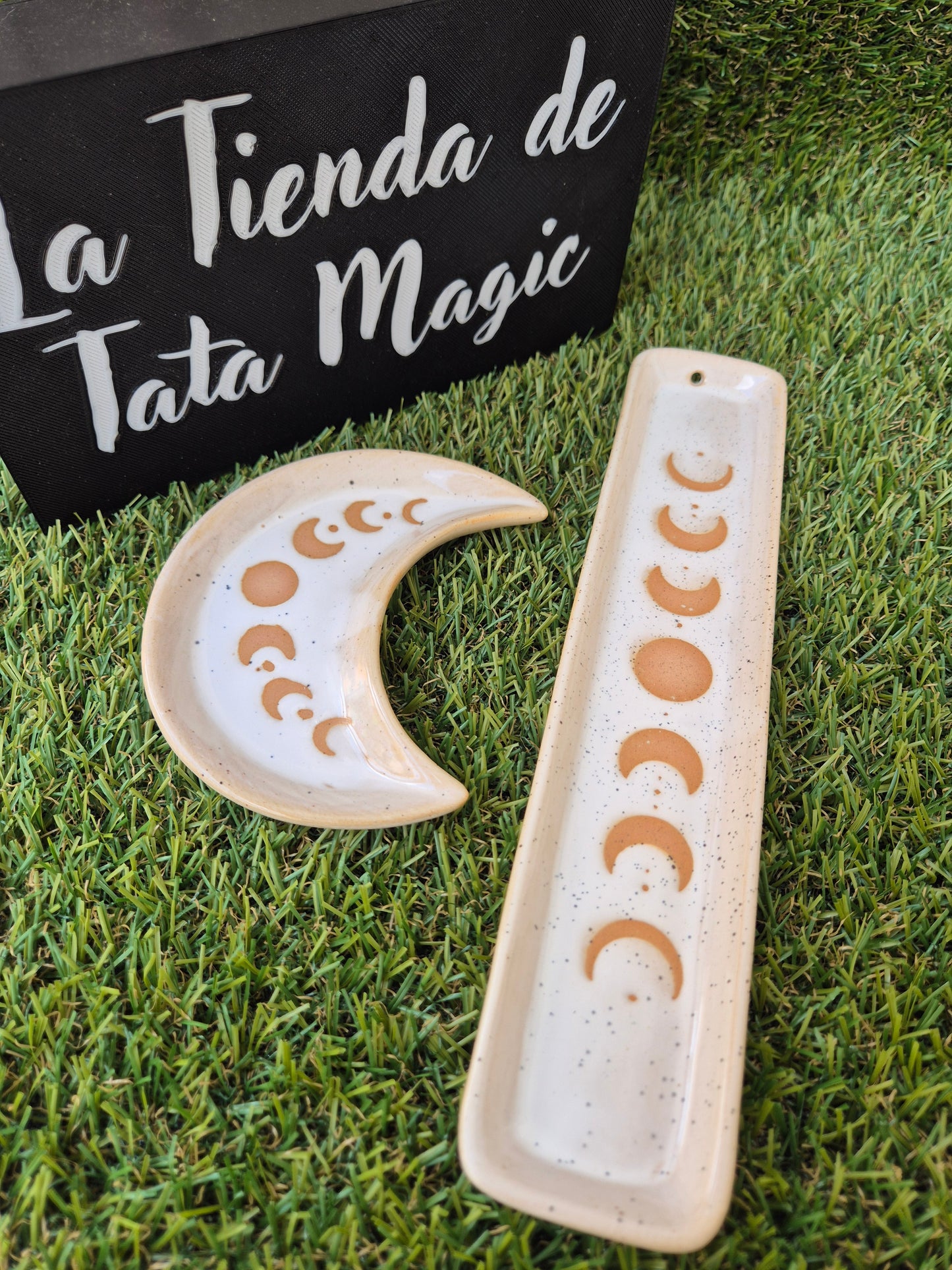 Pack Portaincienso y Plato de Cerámica Blanca Con Fases de La Luna - Decoración Esotérica