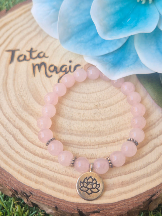 Pulsera de Cuarzo Rosa con Flor de Loto-Amor y Renovación Espiritual