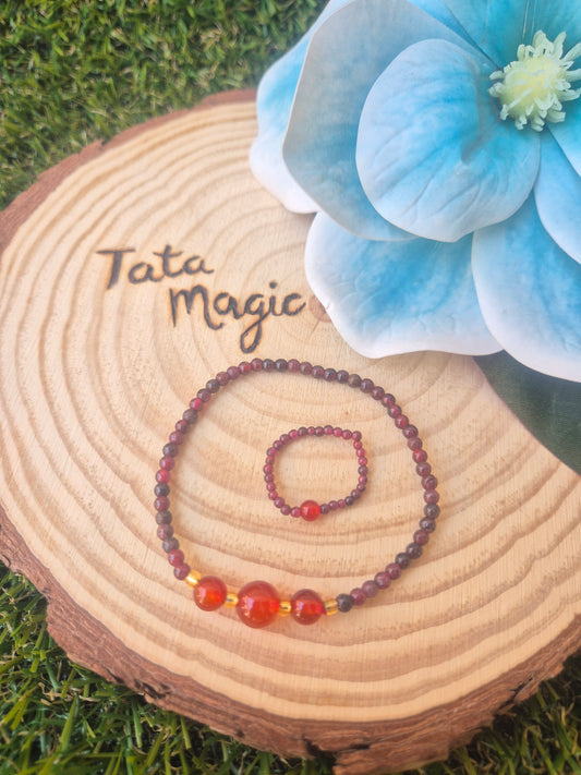 Pulsera de Granate con Carneola y Anillo - Energía , Pasión y Protección