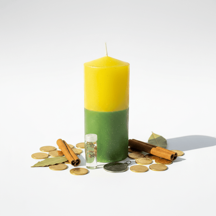 Velón Ritualizado 4 Ventas · Amarillo y Verde · Tata Magic
